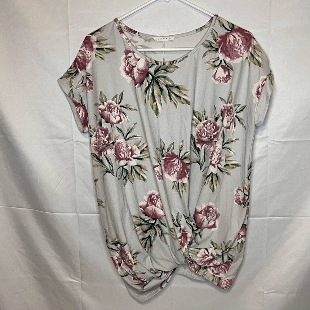 REBORN J Grayish Floral Side Tie Shirt Soft Sleeve Feminine Modest Size Medium